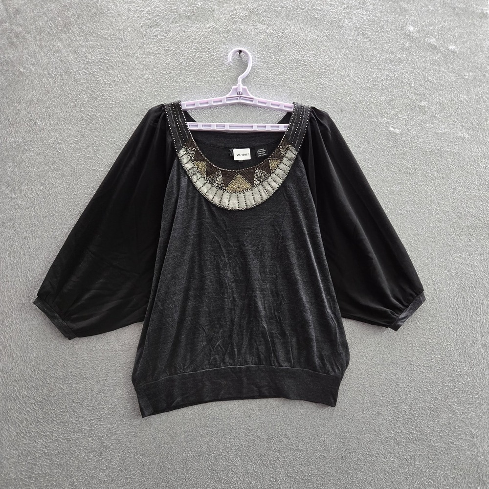 Miss Me Women Blouse M Black Beaded Sequin Boho Witchy Fairy Round Neck Pullover